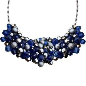 NWT Vintage Chunky Cluster Blue Gun Metal Beaded Cocktail Statement Necklace Bib